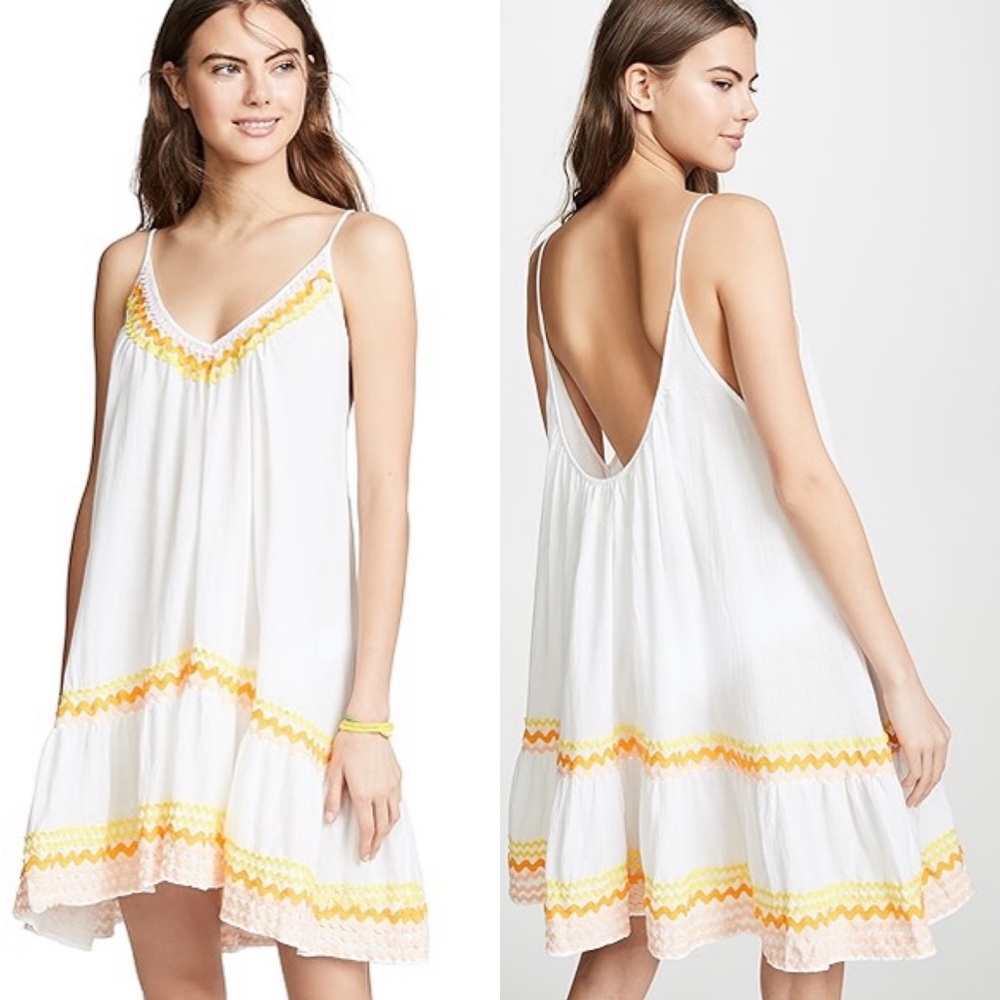 9Seed St. Tropez Cover Up Dress Rainbow Ric-Rac White Gauze Swing Boho Tiered OS